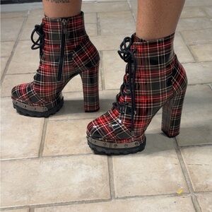 Jessica Simpson Red and Black Plaid Ankle Boots
